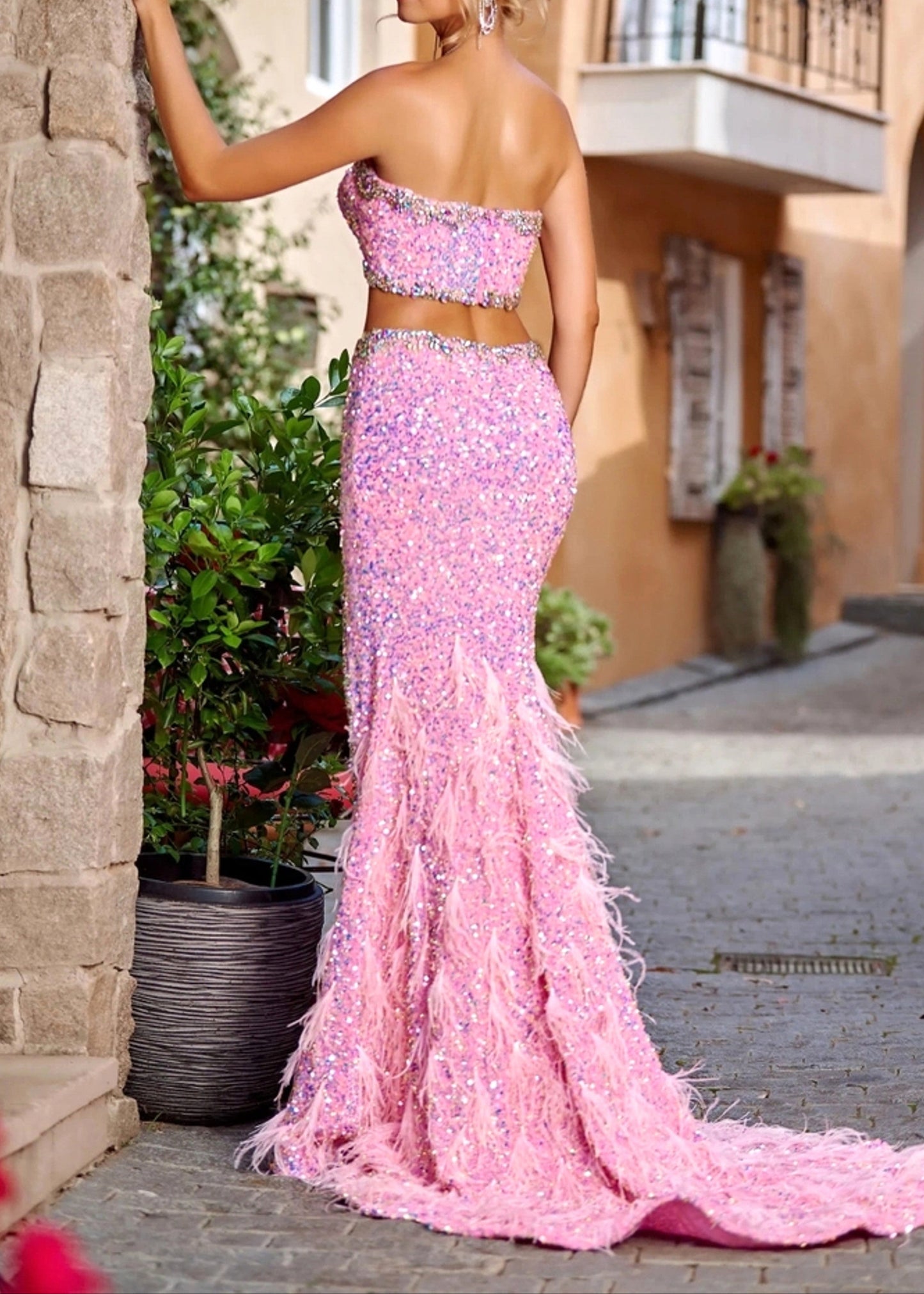 Elgine Strapless Crystal Sequin Maxi Dress In Pink