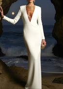 Eissa Long Sleeve Embellished Neckline Maxi Dress In Ivory
