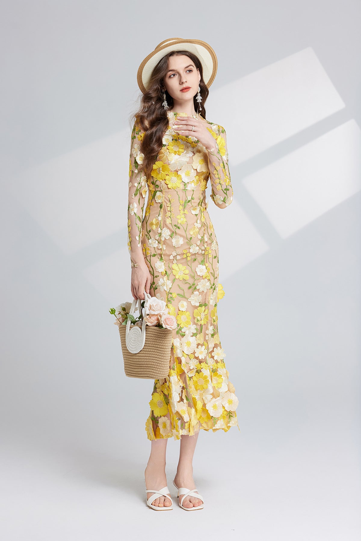 Thalvix Floral Embroidery Mesh Long Sleeve Midi Dress In Yellow