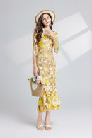 Thalvix Floral Embroidery Mesh Long Sleeve Midi Dress In Yellow