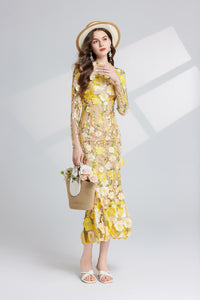 Thalvix Floral Embroidery Mesh Long Sleeve Midi Dress In Yellow