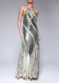 Pandeia Halter Ruffle Detail Sequin Maxi Dress In Silver