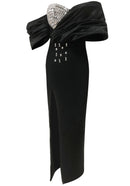 Reba Draped Bardot Crystal Bustier Maxi Dress In Black