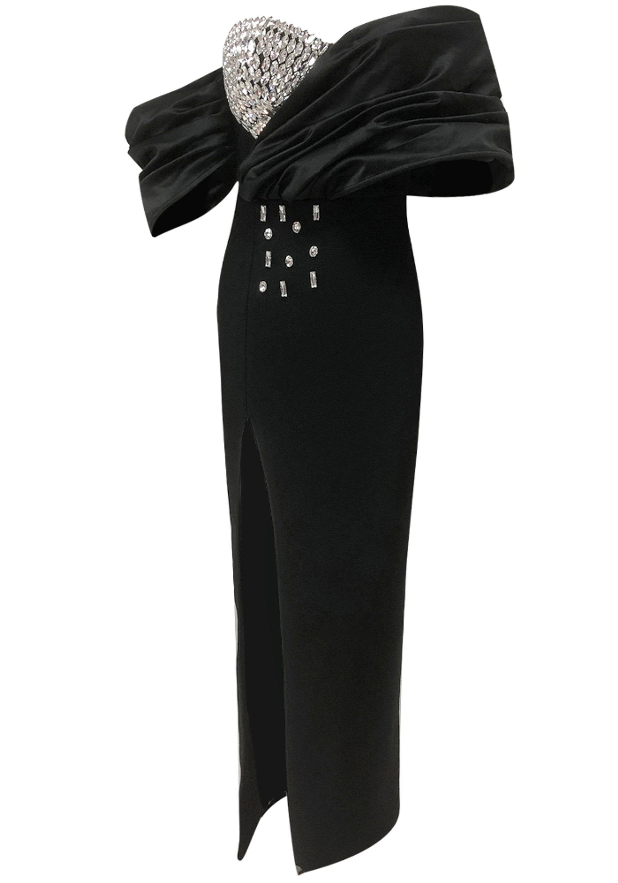 Reba Draped Bardot Crystal Bustier Maxi Dress In Black