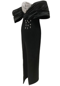 Reba Draped Bardot Crystal Bustier Maxi Dress In Black