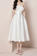 Valphyx Flower Satin Strapless Midi Dress In White