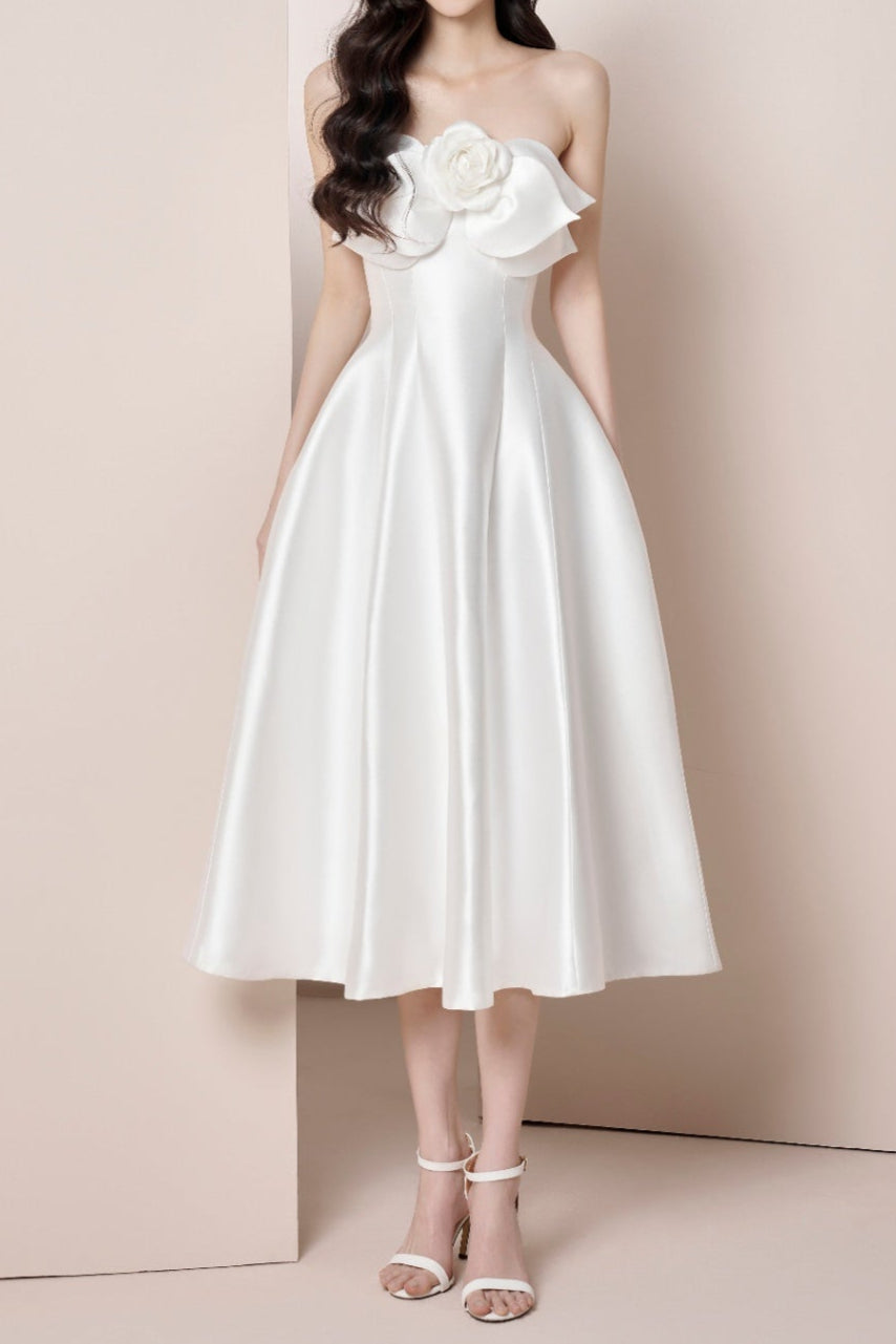 Valphyx Flower Satin Strapless Midi Dress In White