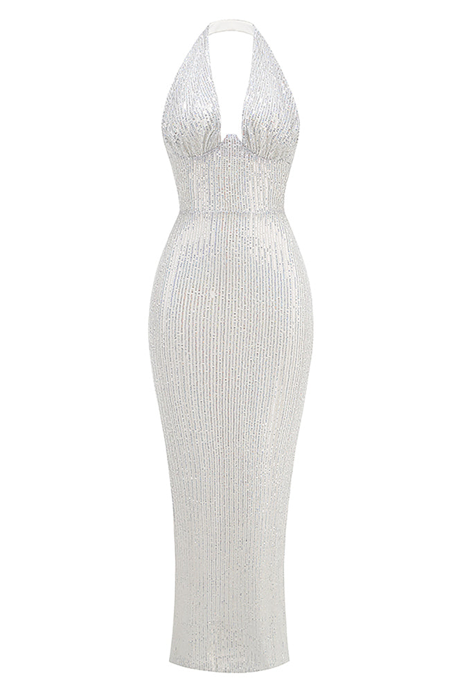 Barron Halter Sequin Embellished Gown In White