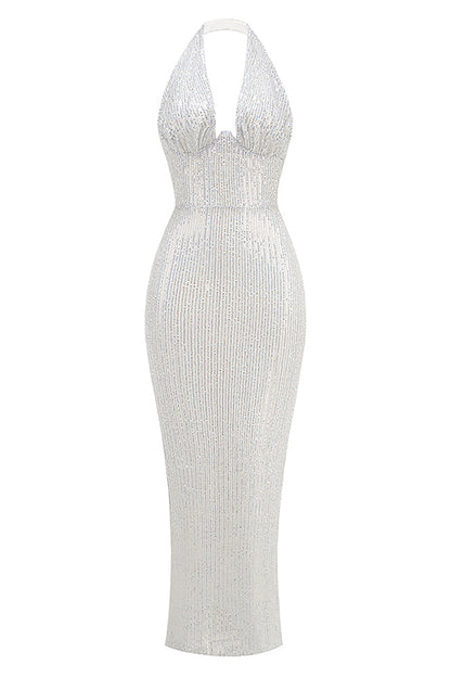 Barron Halter Sequin Embellished Gown In White