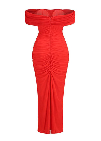 Aedin Off-Shoulder Tulle Bandage Maxi Dress In Red