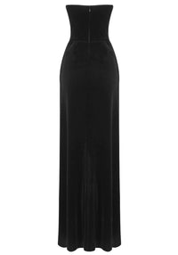 Eliette Strapless Crystal Floral Corset Maxi Velvet Dress In Black