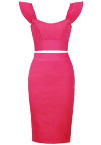 Rawan Ruffle Detail Ribbed Two Piece Midi Dress In Hot Pink