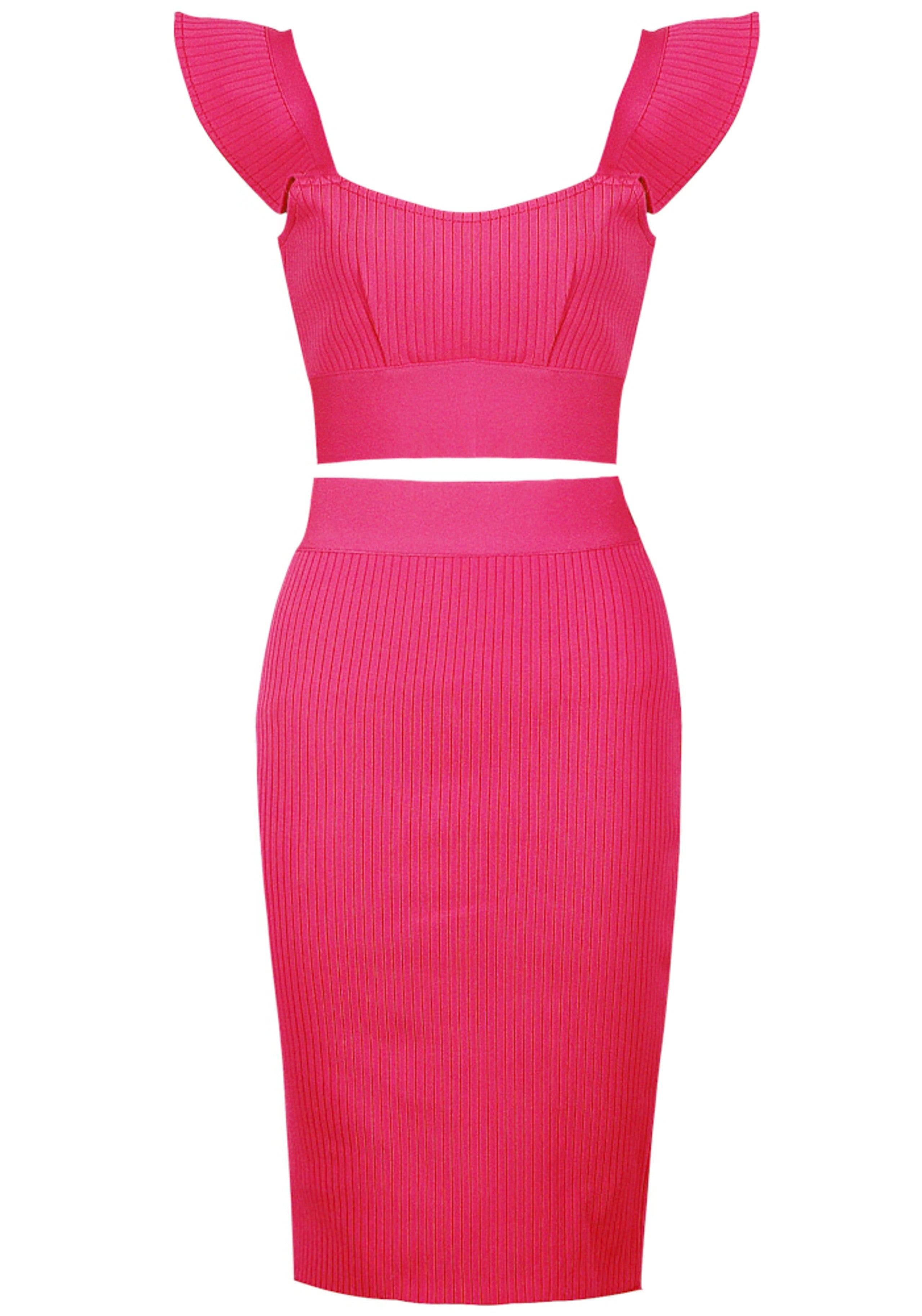 Rawan Ruffle Detail Ribbed Two Piece Midi Dress In Hot Pink