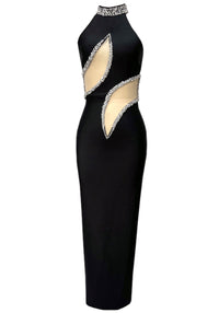 Zaryah Halter Crystal Mesh Maxi Dress In Black