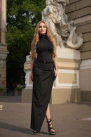 Azzin Halter Belt Draped Maxi Dress In Black