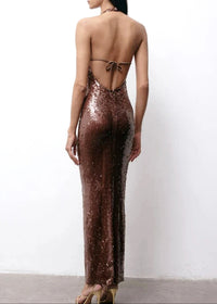 Uryxan Halter Sequin Bustier Maxi Dress In Brown