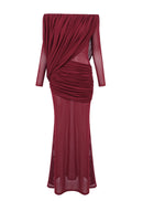 Cryxel Off-Shoulder Draped Mesh Maxi Dress In Wine Red