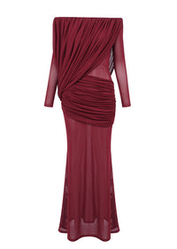 Cryxel Off-Shoulder Draped Mesh Maxi Dress In Wine Red