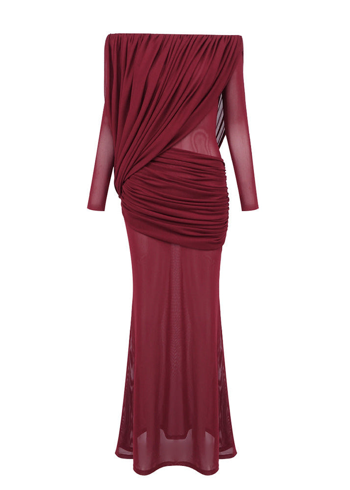 Cryxel Off-Shoulder Draped Mesh Maxi Dress In Wine Red