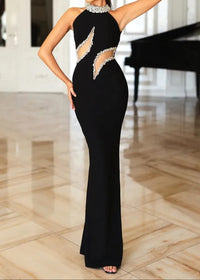 Zaryah Halter Crystal Mesh Maxi Dress In Black