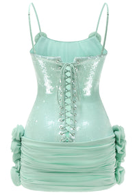 Quivyx Sequin Floral Draped Corset Mini Dress In Green