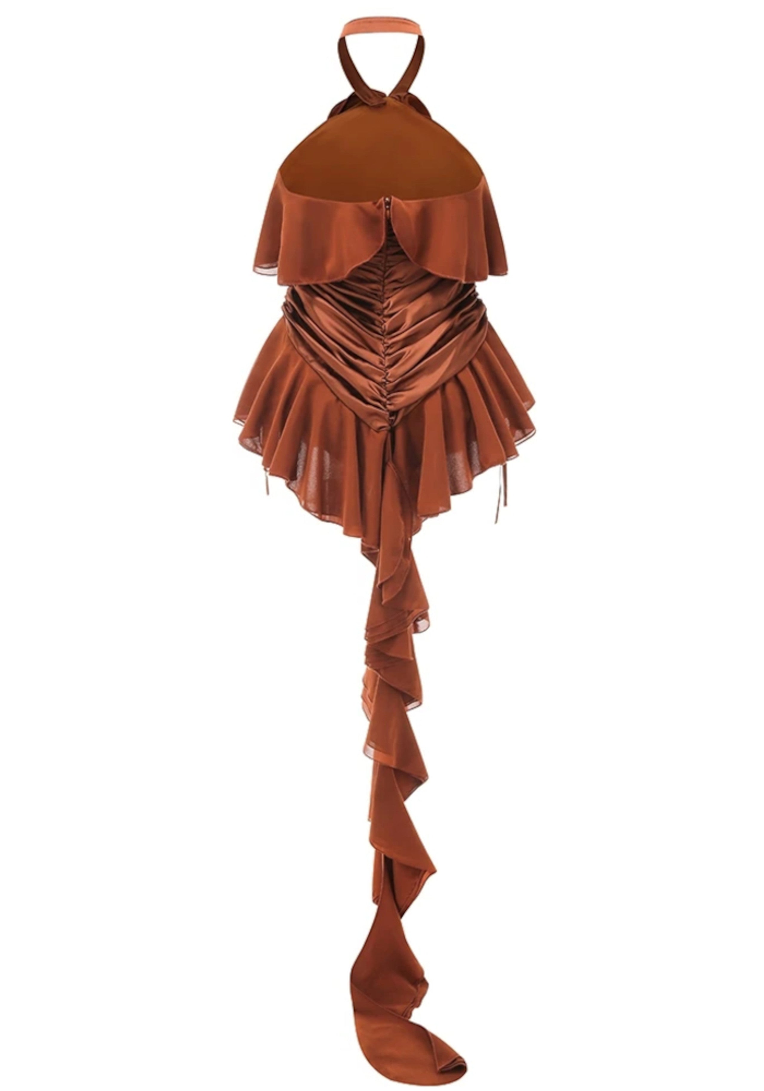 Gaelara Halter Floral Ruffle Ruched Dress In Brown