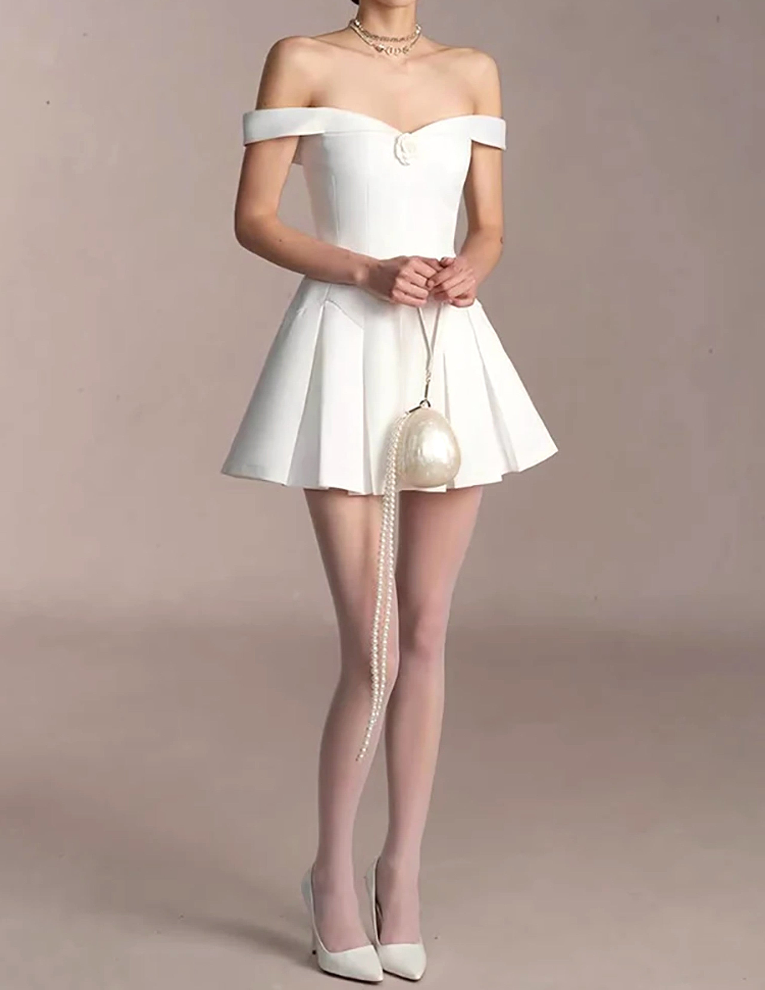 Nacala Floral Detail Bardot A Line Dress In White