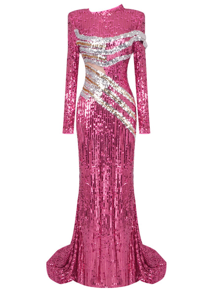 Seabi Long Sleeve Sequin Maxi Dress In Hot Pink