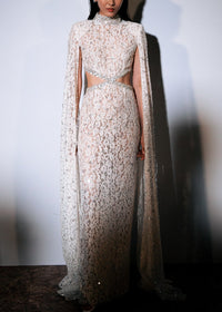 Olujimi Cape Sleeve Crystal Lace Maxi Dress