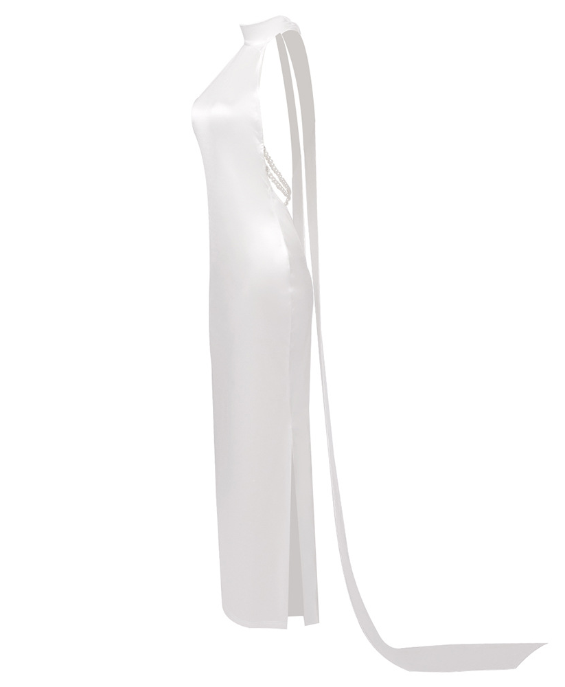 Halcyon Satin Belt Backless Pearl Embellished Maxi Dress In White