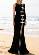 Fareeha One Sleeve Bow Detail Maxi Velvet Dress In Black White