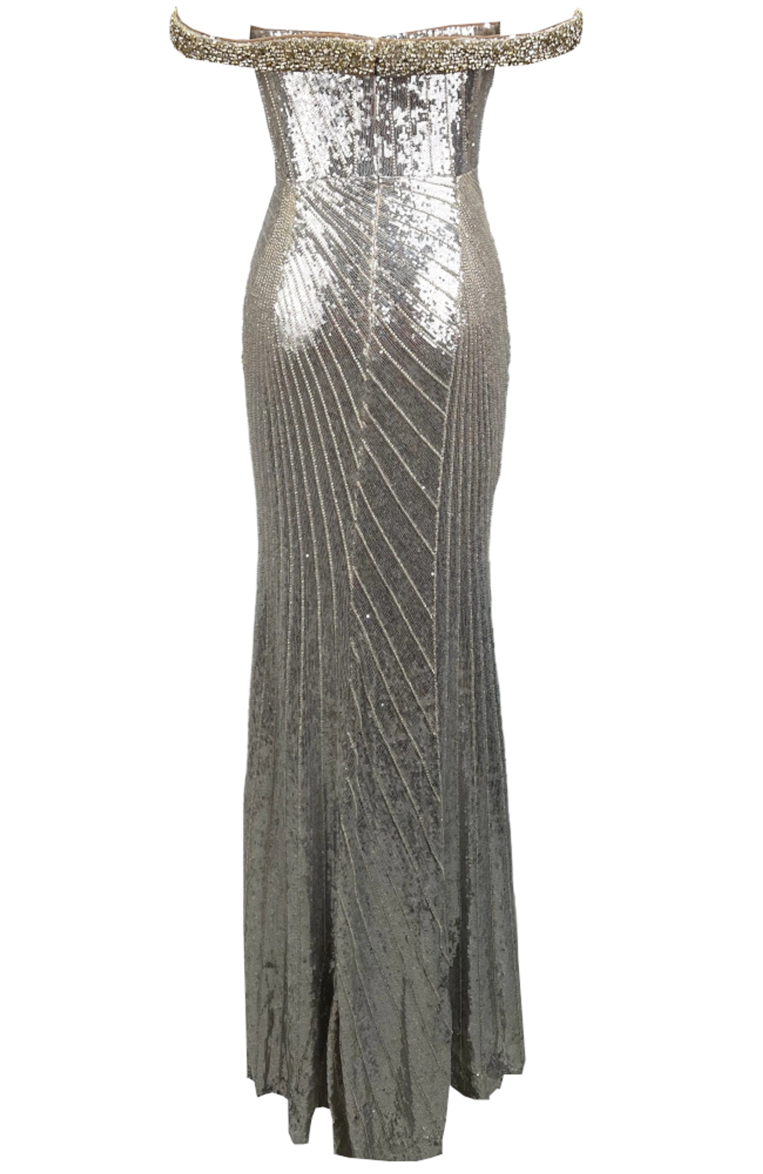 Othmar Embellished Bardot Sequin Maxi Dress In Platinum