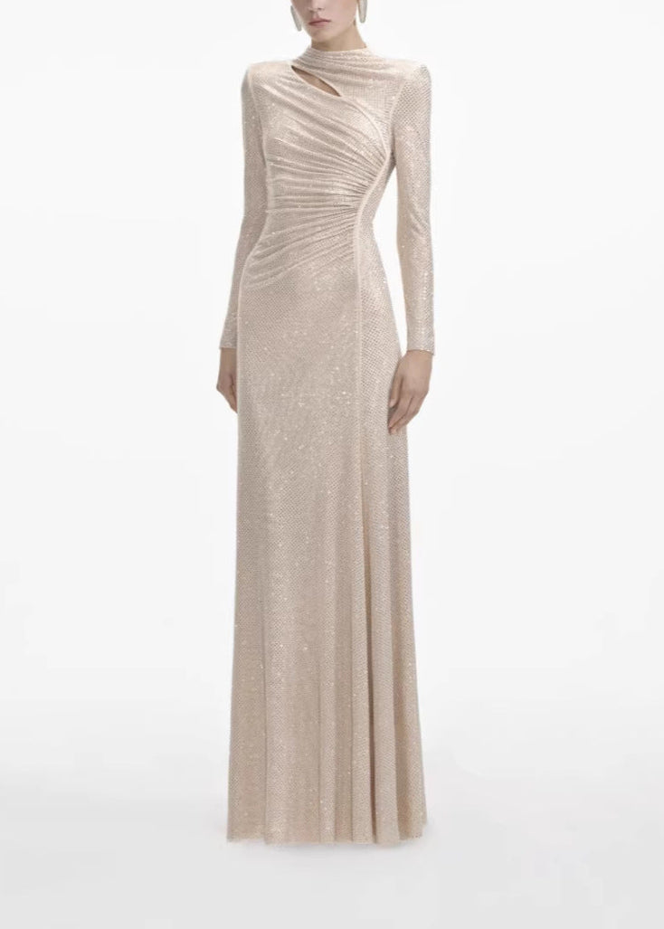Antares Long Sleeve Embellished Maxi Dress In Nude