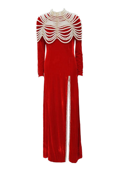 Kinan Pearl Embellished Velvet Maxi Dress In Red