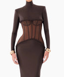 Jaelthis Long Sleeve Structured Mesh Maxi Dress In Brown