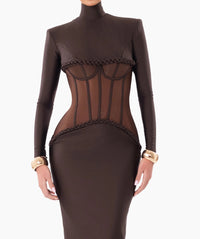 Jaelthis Long Sleeve Structured Mesh Maxi Dress In Brown