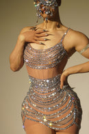 Lunexra Scoop Neck Rhinestone Mesh Mini Dress