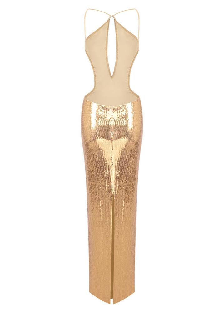 Sephra Front Cutout Backless Maxi Dress In Glod