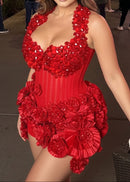 Pryssa Halter Crystal Floral Mini Dress In Red