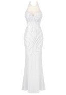 Aelorin Halter Pearl Detail Sequin Maxi Dress In White