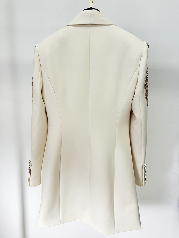 Katrina Long Sleeve Crystal Draped Blazer Dress In Ivory