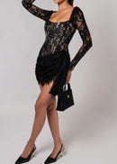 Roshon Long Sleeve Lace Corset Draped Mini Dress In Black