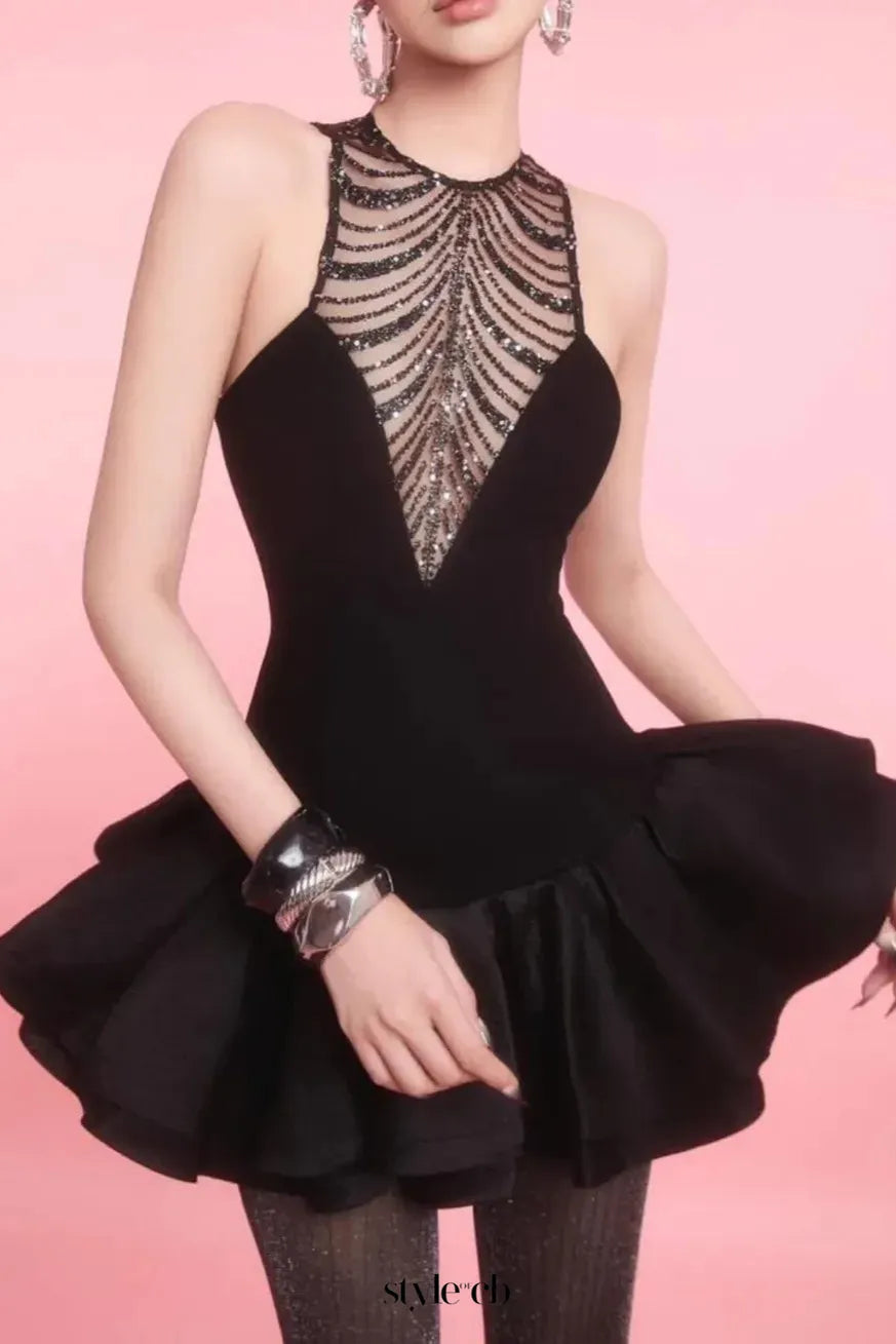 Tyxaris Sequin Tulle Ruched Hem Mini Dress In Black