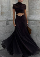 Farrux Draped Mesh A Line Maxi Dress In Brown