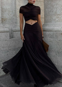 Farrux Draped Mesh A Line Maxi Dress In Brown