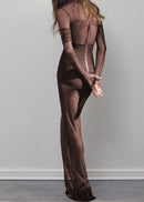 Ramesh Long Sleeve Mesh Insert Draped Maxi Dress In Brown