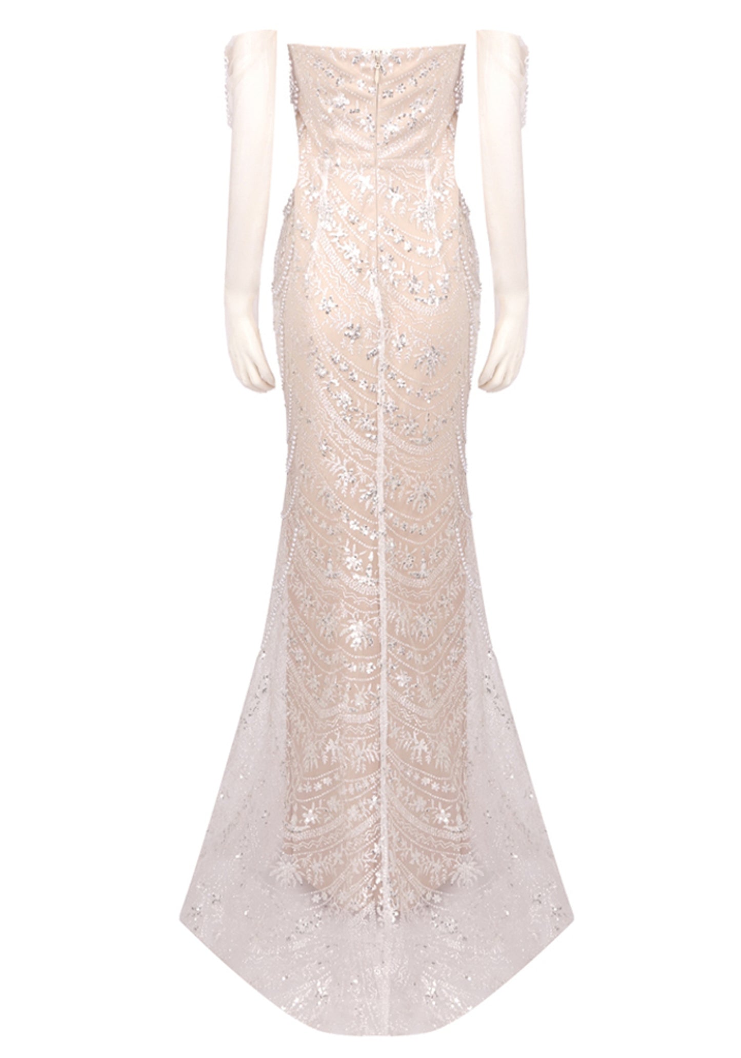 Dalida Strapless Pearl Crystal Lace Maxi Dress In White