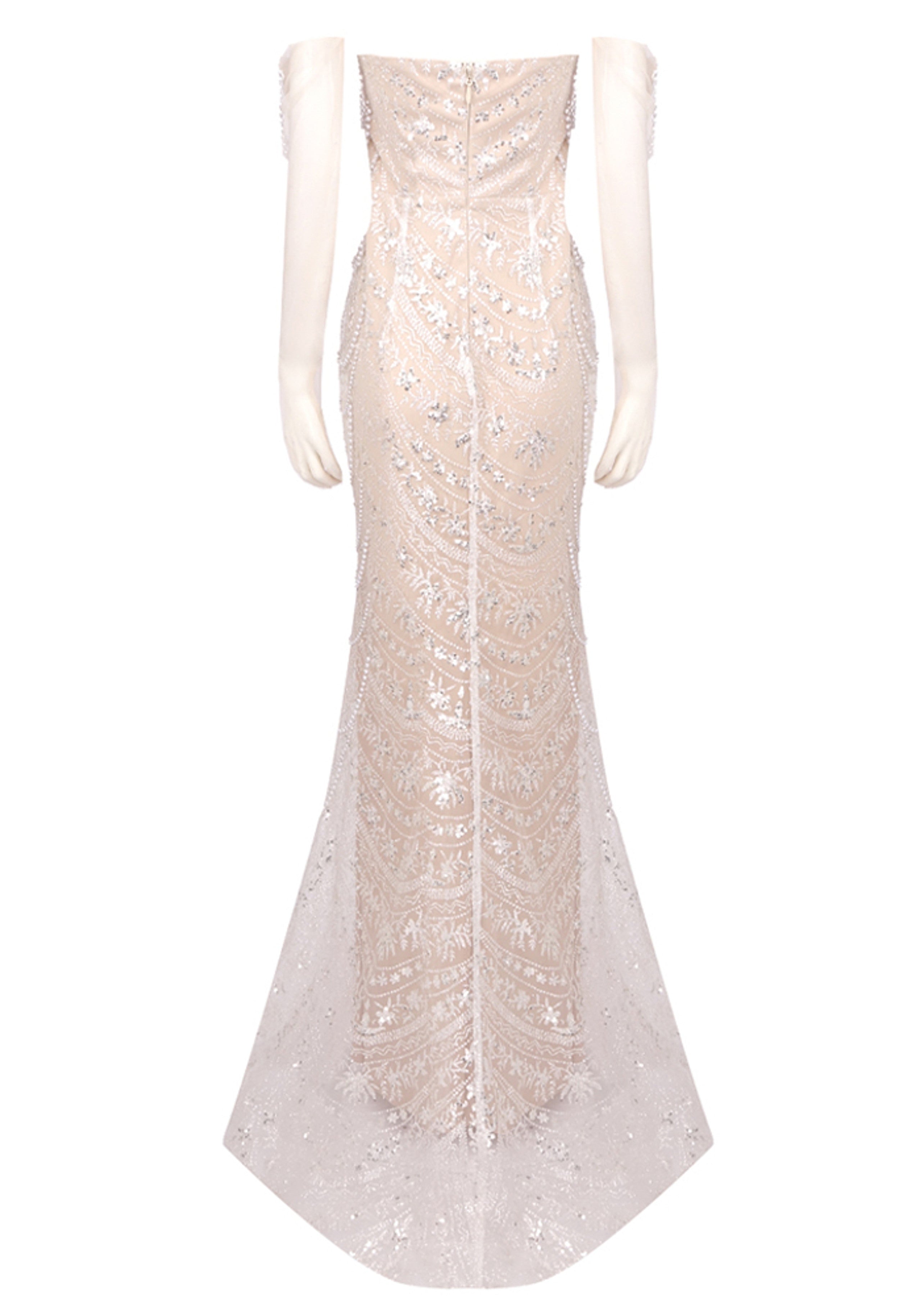 Dalida Strapless Pearl Crystal Lace Maxi Dress In White