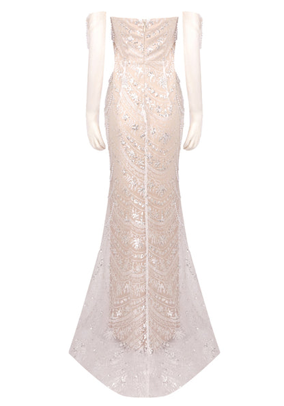 Dalida Strapless Pearl Crystal Lace Maxi Dress In White