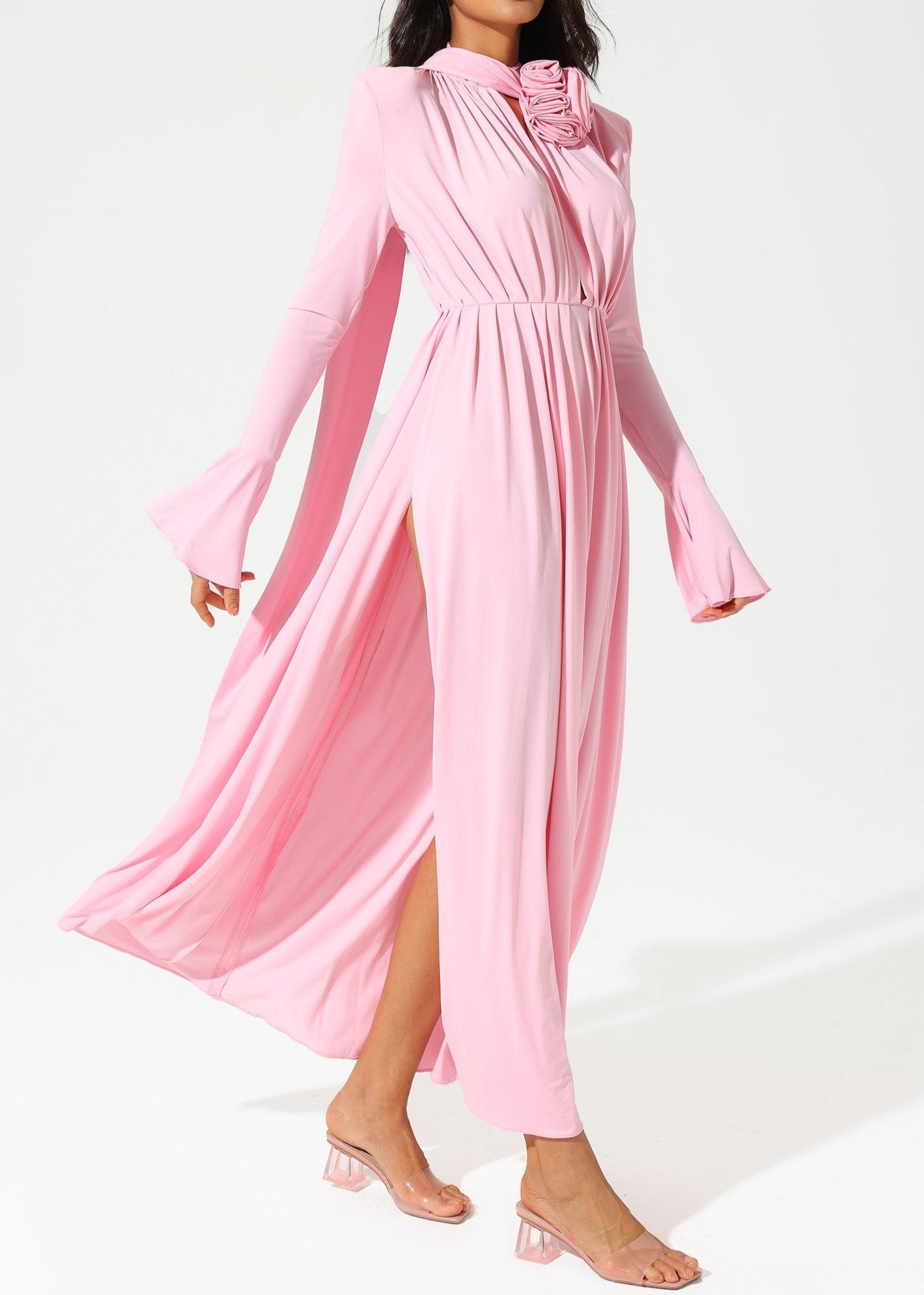 Abelia Lantern Sleeve High Collar Flower Slit Midi Dress In Pink